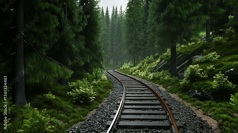 Obraz premium Train Tracks Winding Through a Lush, Misty Forest: 3D Render AI Generated