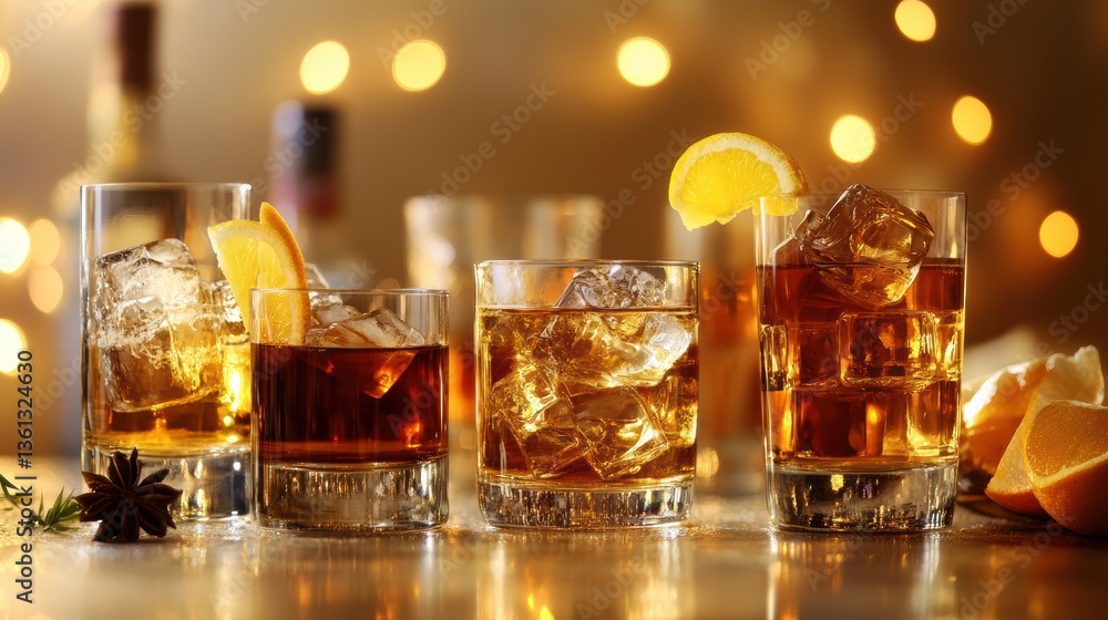 Golden Hour Cocktails: Whiskey Drinks with Ice and Orange Garnish, Festive Bokeh Background Golden Hour Cocktails: Whiskey Drinks with Ice and Orange Garnish, Festive Bokeh Background