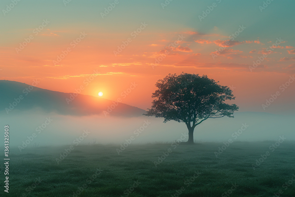 Fototapeta premium Tranquil Solitude: A Solitary Tree Against a Soft Blue Gradient