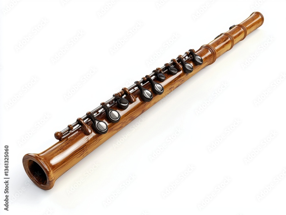 Naklejka premium Elegant Wooden Flute on White Background Showcasing Craftsmanship and Musical Instrument Design for Audio Enthusiasts
