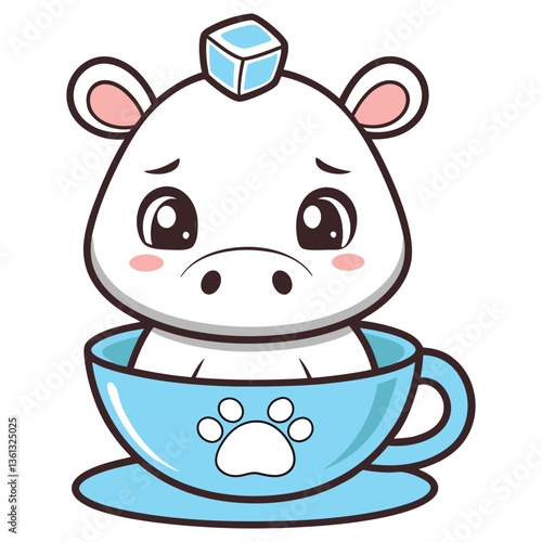 Charming Kawaii Polar Bear with Ice Cube on Head in Light Blue Tea Cup Design