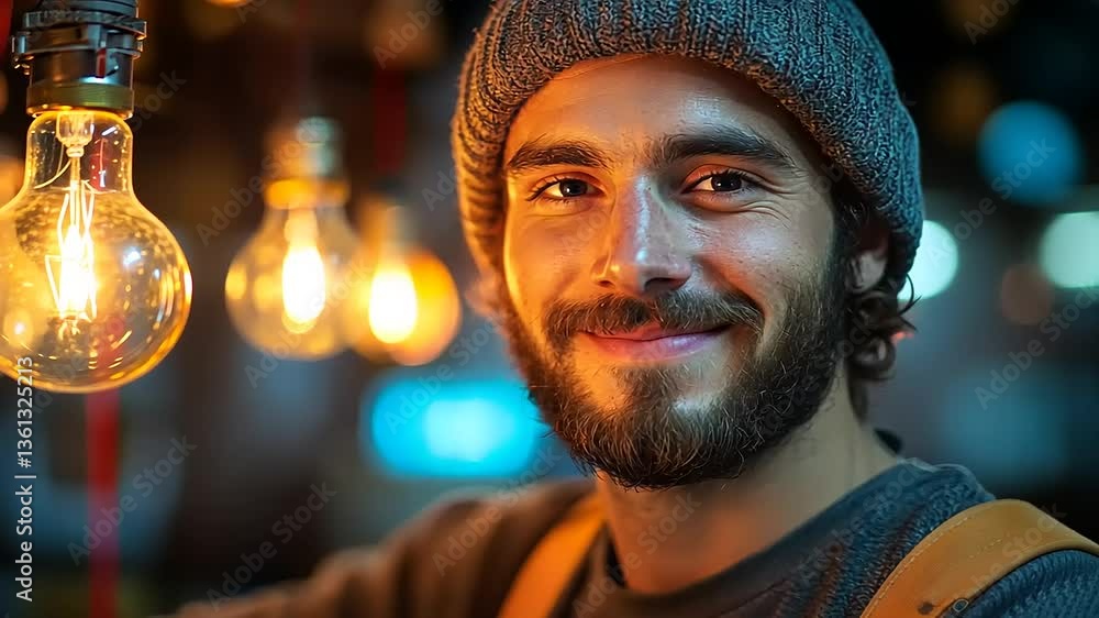 Smiling man in a cozy workshop illuminated by warm light bulbs, showcasing craftsmanship and creativity Smiling man in a cozy workshop illuminated by warm light bulbs, showcasing craftsmanship and creativity