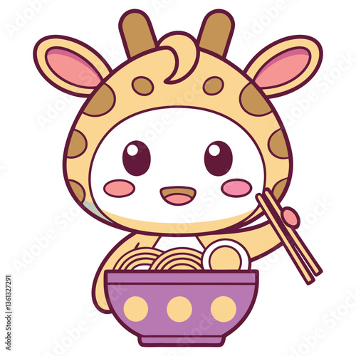 Cartoon character in giraffe costume holding chopsticks and bowl of noodles