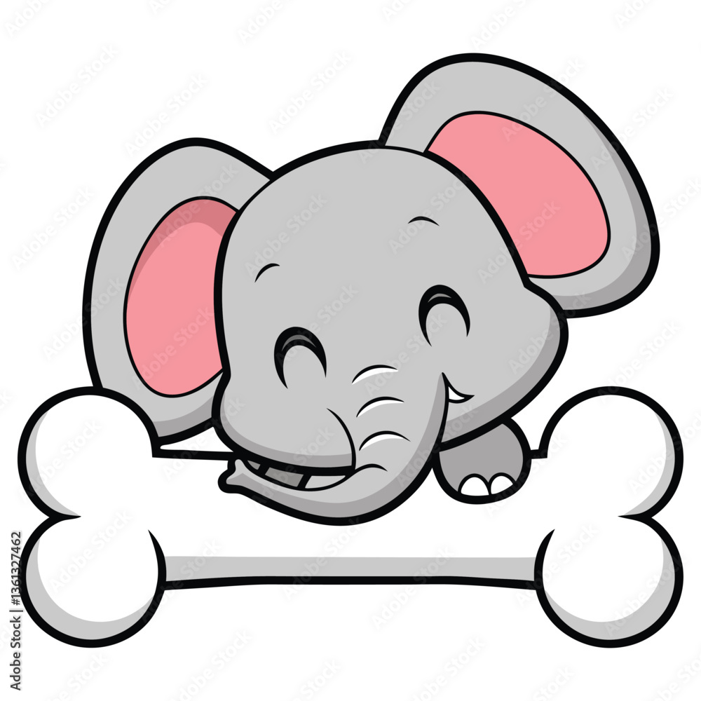 Obraz premium Cartoon Elephant Mascot Character with Bone, Cute Animal Clipart, Gray and Pink