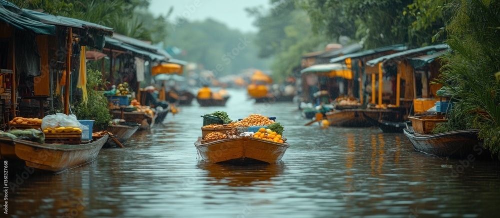 Obraz premium Floating Market Canal Scene in the Rain