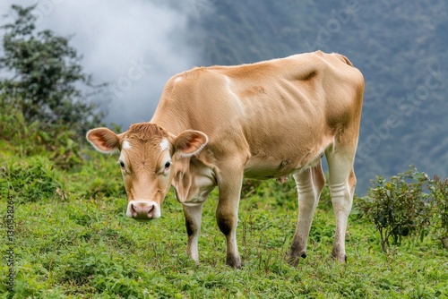 Brown Cow Grazing in Green Pasture Under Cloudy Sky