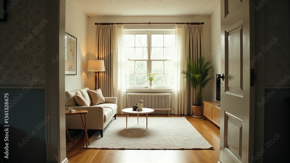 Obraz premium Living Room with Sofa, Window, and Indoor Plants in Neutral Tones