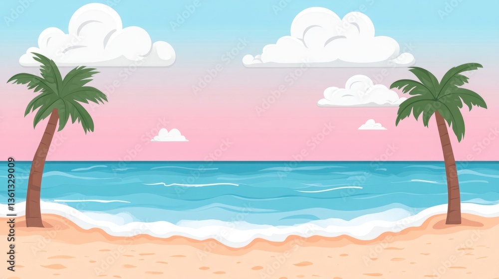Obraz premium Serene Tropical Beach Scene with Palm Trees and Gentle Waves Under a Colorful Sky at Sunset, Perfect for Relaxation and Vacation Themes