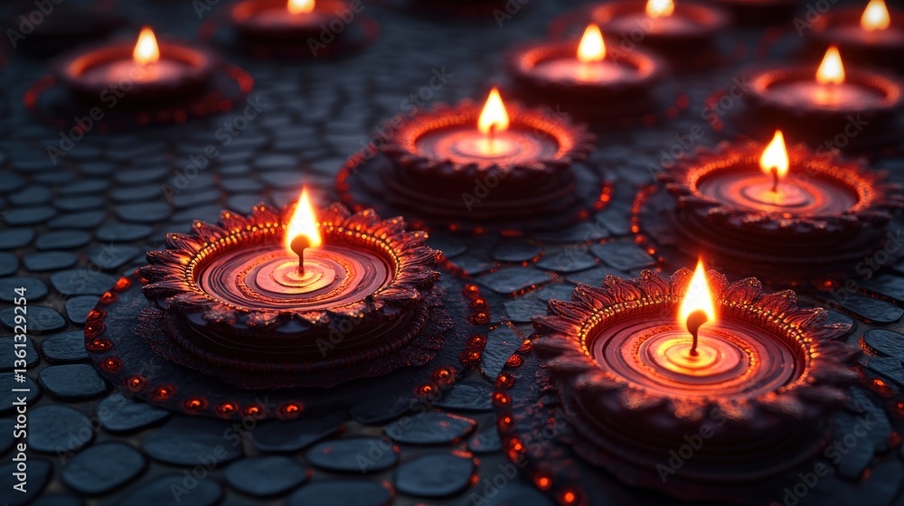 Close-up of many small, ornate, dark-reddish oil lamps with flickering flames on a dark, stone surface. Close-up of many small, ornate, dark-reddish oil lamps with flickering flames on a dark, stone surface.