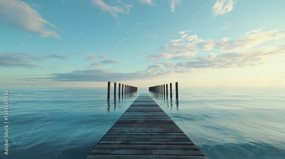 Obraz premium A calming scene captures the long wooden pier leading into the tranquil blue sea, under a serene sky with gentle clouds, invoking peace and escape.