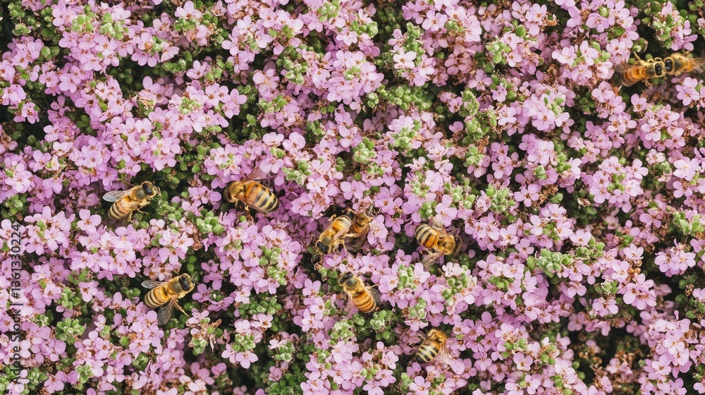 Close-up view of numerous bees pollinating small, delicate pink flowers. Close-up view of numerous bees pollinating small, delicate pink flowers.