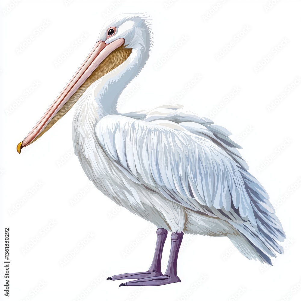 Obraz premium Detailed Illustration of a White Pelican with Bright Yellow Bill and Elegant Plumage Against a Clean Background