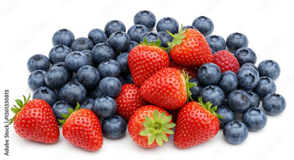 Closeup of Fresh Strawberries and Blueberries on White Background Closeup of Fresh Strawberries and Blueberries on White Background