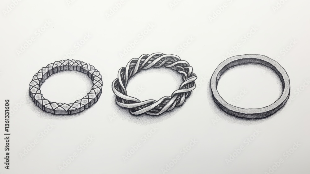Three different ring designs a detailed drawing of various metal jewelry. Three different ring designs a detailed drawing of various metal jewelry.