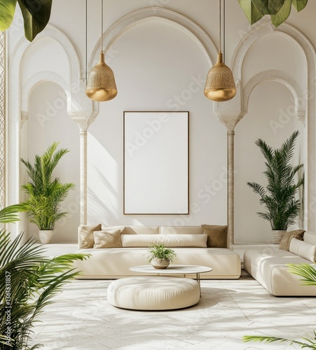 Luxurious minimalist living room with arches, beige sofa, and plants.