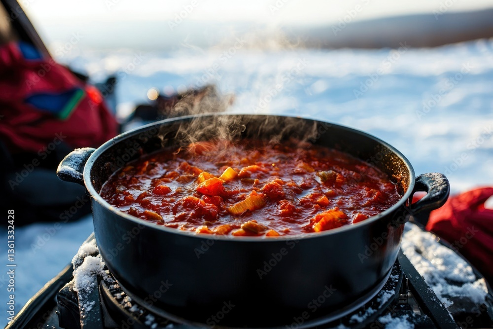 Fototapeta premium Hearty stew warming up in snowy landscape