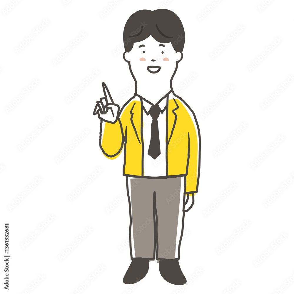 笑顔で指差ししている男性会社員の鉛筆で描いた手書き風のシンプルな全身イラスト素材 笑顔で指差ししている男性会社員の鉛筆で描いた手書き風のシンプルな全身イラスト素材