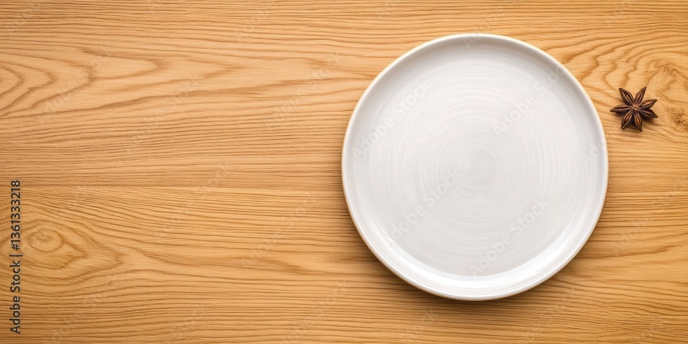 Simple white plate and single star anise on wooden table Simple white plate and single star anise on wooden table
