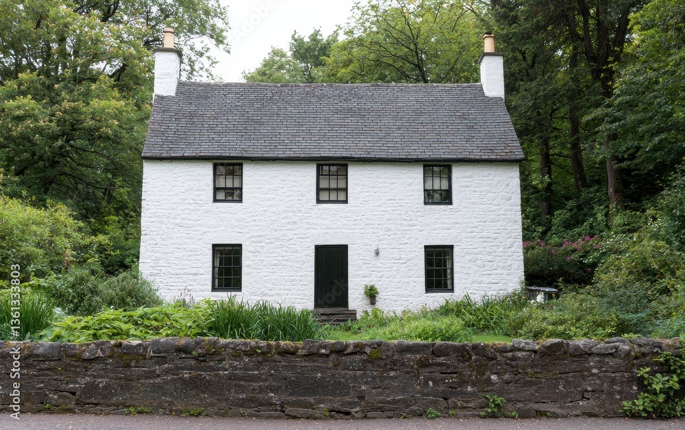 Fototapeta premium Charming White Cottage Surrounded by Lush Greenery in Nature