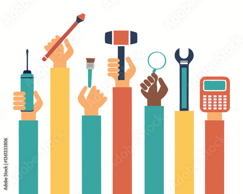 Diverse hands holding various professional tools, representing different occupations and teamwork.