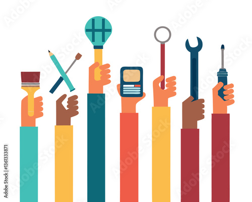 Diverse hands holding various professional tools, representing different occupations and teamwork.
