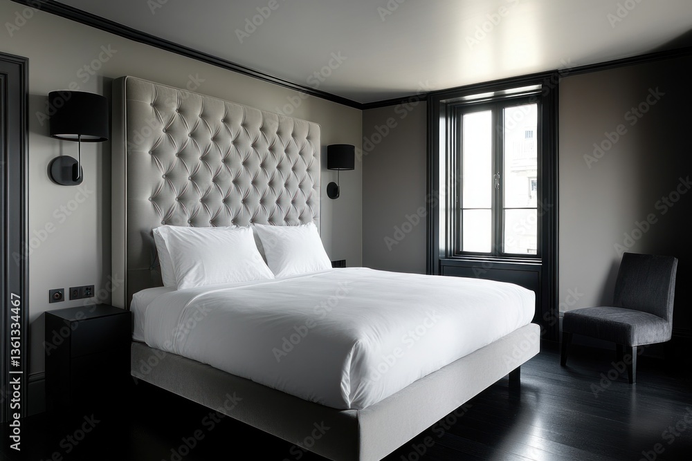 Luxurious modern bedroom with king-size bed, upholstered headboard, and dark hardwood floors. Luxurious modern bedroom with king-size bed, upholstered headboard, and dark hardwood floors.