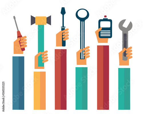 Diverse hands holding various professional tools, representing different occupations and teamwork.