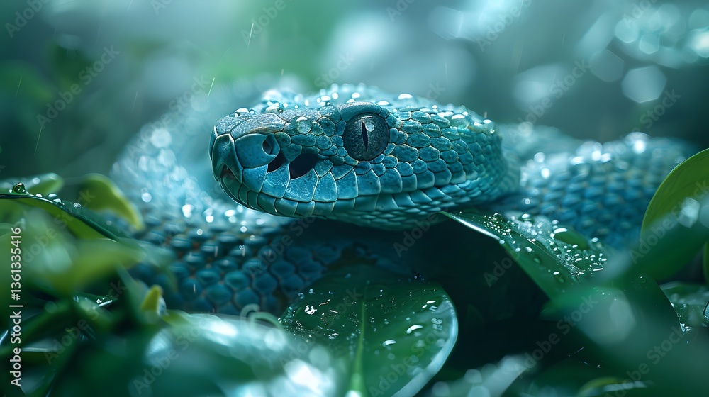 Close-up of a vibrant blue snake resting on lush green leaves with raindrops, in a serene jungle setting Close-up of a vibrant blue snake resting on lush green leaves with raindrops, in a serene jungle setting