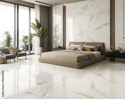 Luxurious modern bedroom with marble flooring and wall.