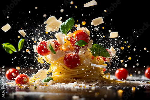 Floating pasta ingredients in zero-gravity—fresh spaghetti, cherry tomatoes, basil leaves, garlic slices, parmesan shavings, olive oil droplets for dramatic food composition
