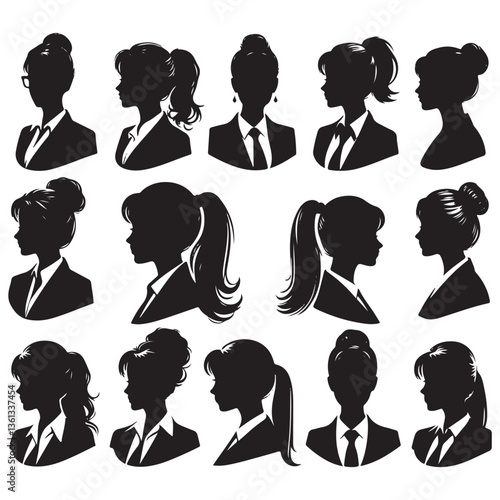 Woman heads in profile. Beautiful female faces profiles, black silhouette outline avatars, anonymous portraits with hairstyle vector