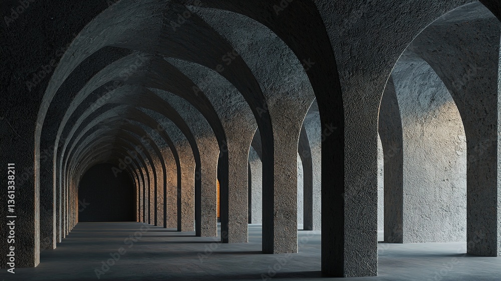 Naklejka premium Underground construction chaos exploring gigantic arched structures in a solid concrete environment