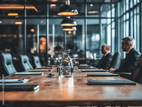 An elegant boardroom table setup for a business meeting discussion