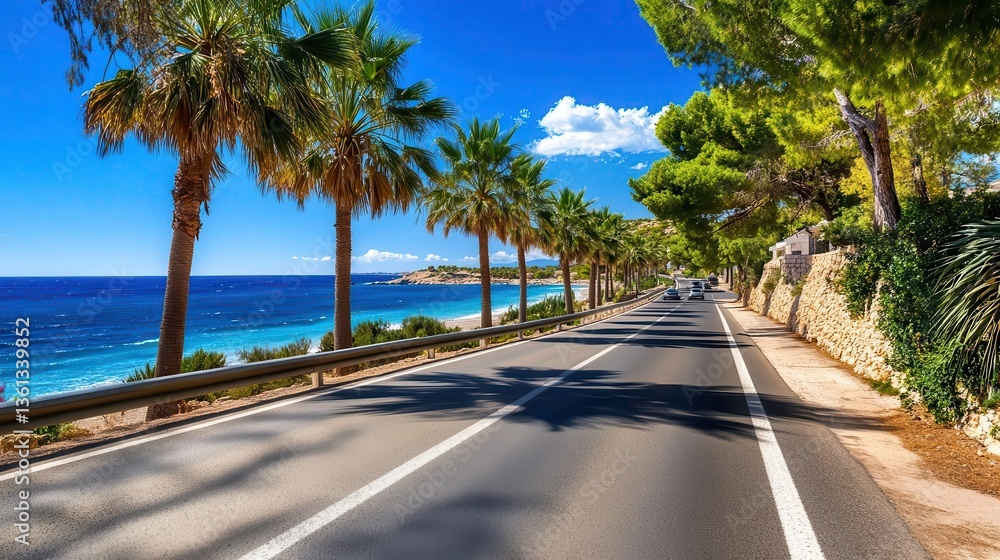 Fototapeta premium Coastal Road, Palm Trees, Summer Vacation - Road trip imagery
