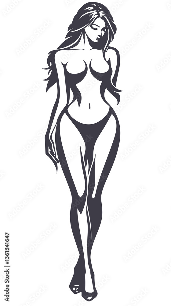 Woman is standing in a white background. She is wearing a black outfit and has a very slender figure Woman is standing in a white background. She is wearing a black outfit and has a very slender figure
