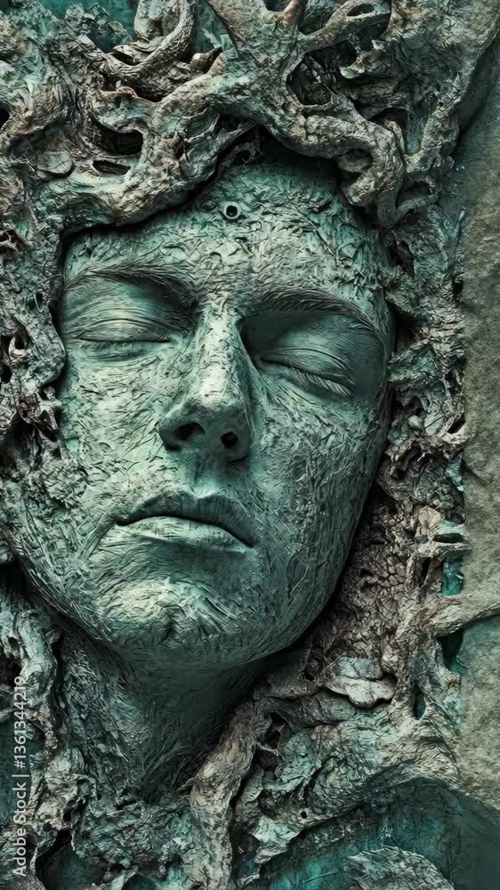 Bronze relief sculpture of a serene face with intricate details reflecting nature's elements in an outdoor art installation Bronze relief sculpture of a serene face with intricate details reflecting nature's elements in an outdoor art installation