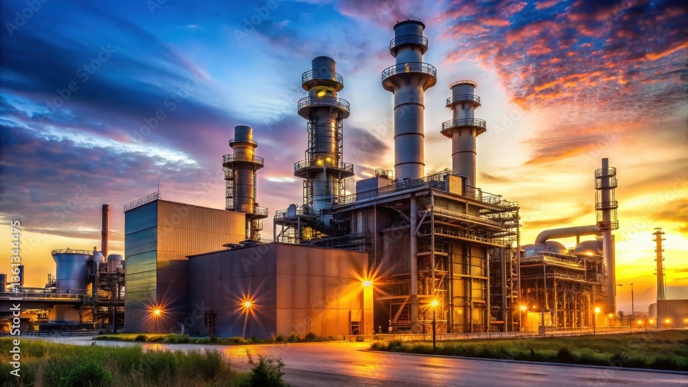 Fototapeta premium Illuminated Industrial Complex at Sunset A Majestic View of Modern Manufacturing Structures