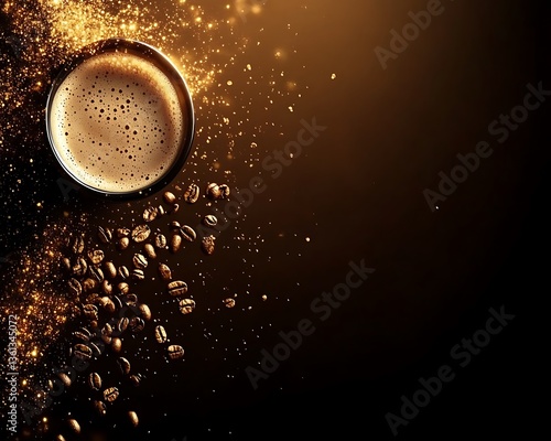 A delightful overhead view of coffee beans and a beverage cup