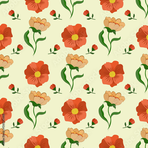 A seamless floral pattern featuring hand-drawn orange and cream flowers with green leaves on a soft light green background. Ideal for fabric design, wallpapers, wrapping papers, and decorative prints.