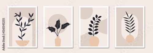 Set of Boho aesthetic abstract botanical wall arts. Trendy posters for Scandinavian, japandi interior design in neutral pastel colors. Bohemian collage prints. Mid Century Modern Vector illustrations.