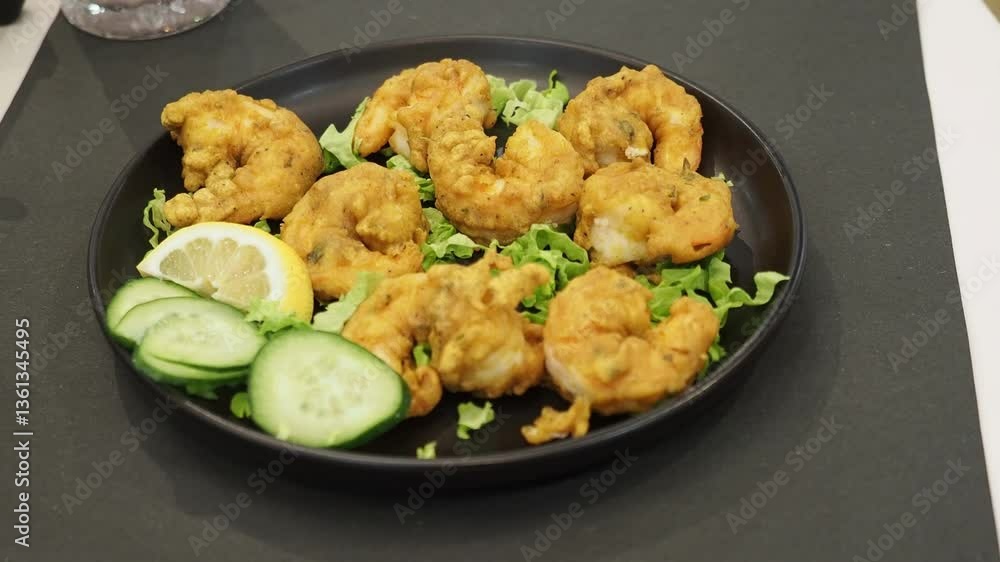Gloved hand placing a black plate with fried shrimps indian food, with lemon and cucumber slices, on a white table with a black tablecloth Gloved hand placing a black plate with fried shrimps indian food, with lemon and cucumber slices, on a white table with a black tablecloth
