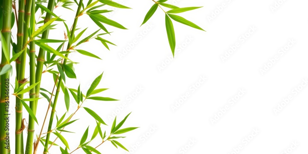 Vibrant green bamboo leaves & shoots border a pristine white backdrop, minimal, element Vibrant green bamboo leaves & shoots border a pristine white backdrop, minimal, element