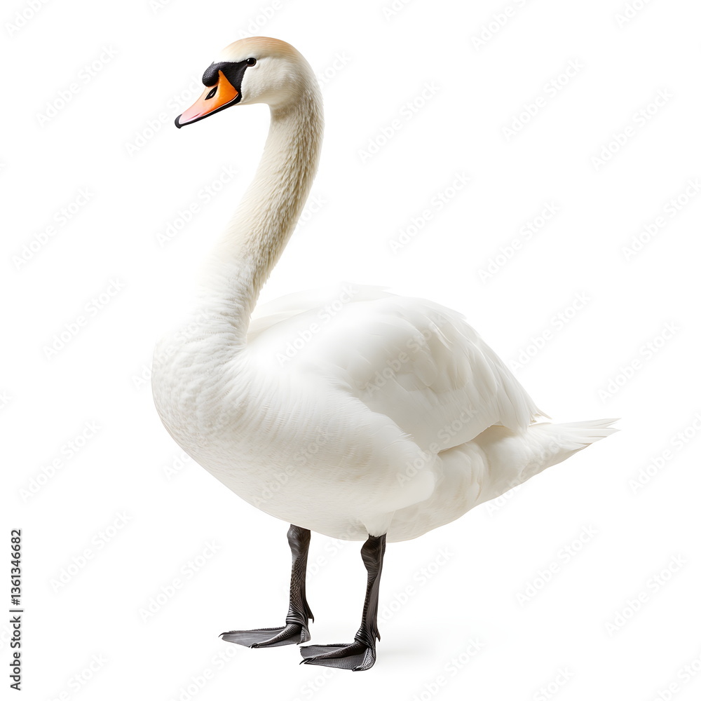 A realistic portrait of a majestic swan in side view, isolated on a white background. With pristine white feathers, an elegantly curved neck, a sharp black-and-orange beak, and deep, intelligent eyes, A realistic portrait of a majestic swan in side view, isolated on a white background. With pristine white feathers, an elegantly curved neck, a sharp black-and-orange beak, and deep, intelligent eyes,