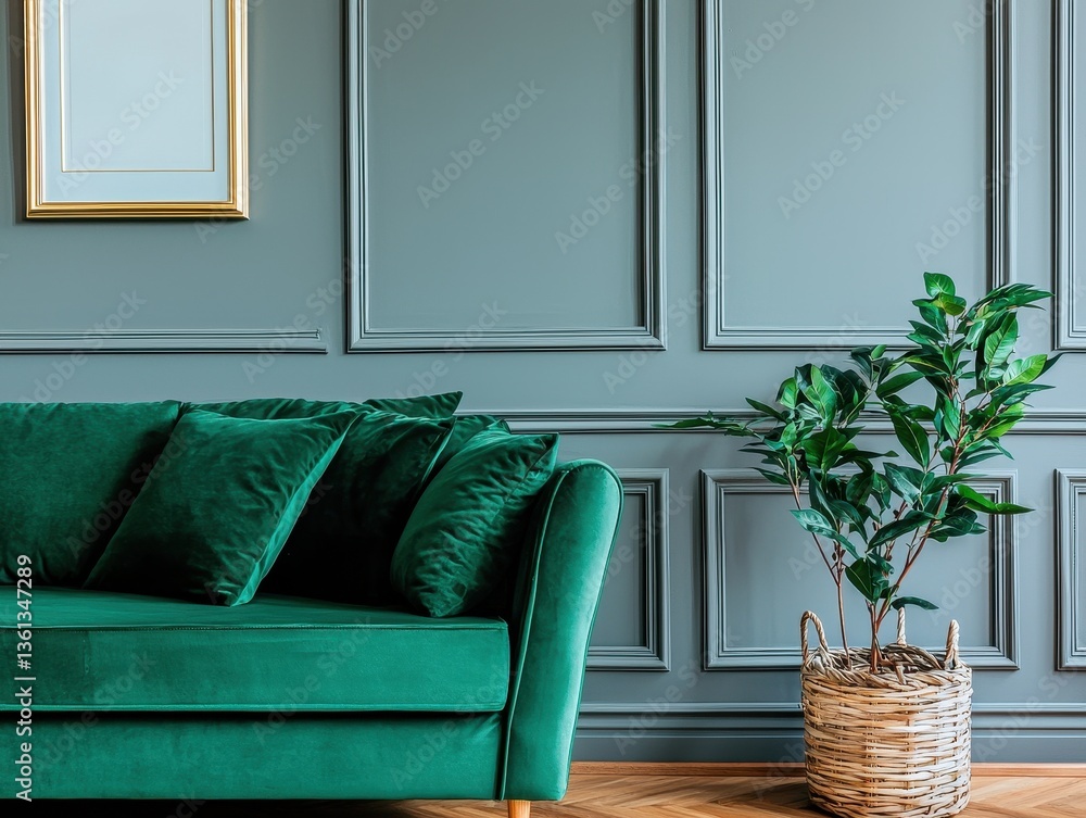 Obraz premium Elegant Green Sofa Against Textured Gray Wall with Potted Plant