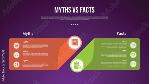 myths vs facts infographic for comparison data with creative box with circle edge with modern dark gradient style background with 2 point information