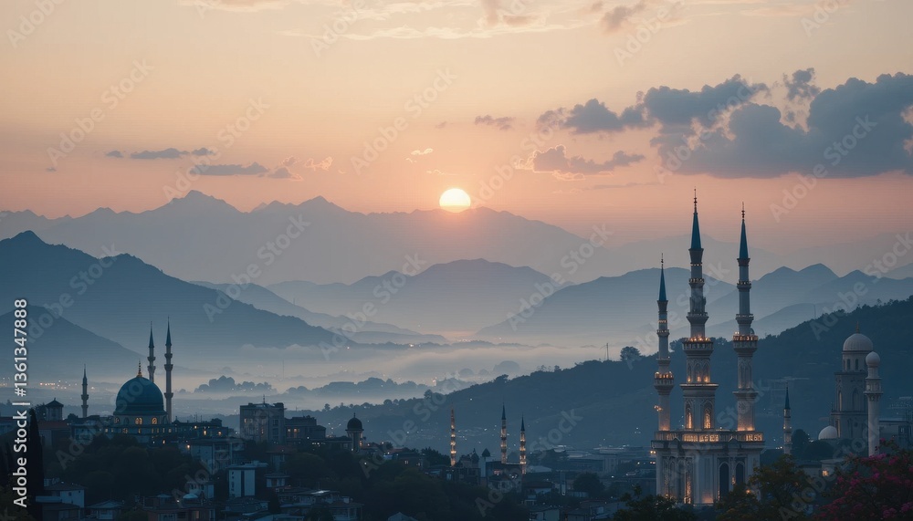 Naklejka premium sunset over the mountains mosque eid Mubarak greeting card background