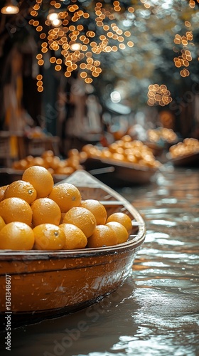 Oranges on boat, floating market, blurred lights, Thailand