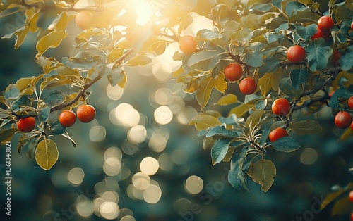 Orchard Branches with Red Apples, Sunlight, Lush Foliage