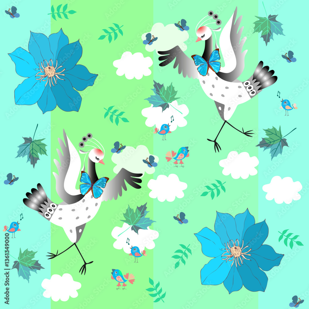 Fototapeta premium Little birds watch the dance of cranes surrounded by blue flowers and falling leaves on a gentle light green gradient background. Endless romantic pattern, print for fabric.