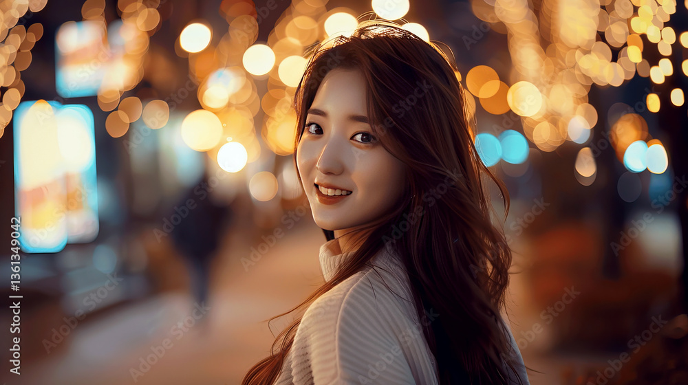 Smiling Woman with Bokeh Lights Background at Night Smiling Woman with Bokeh Lights Background at Night